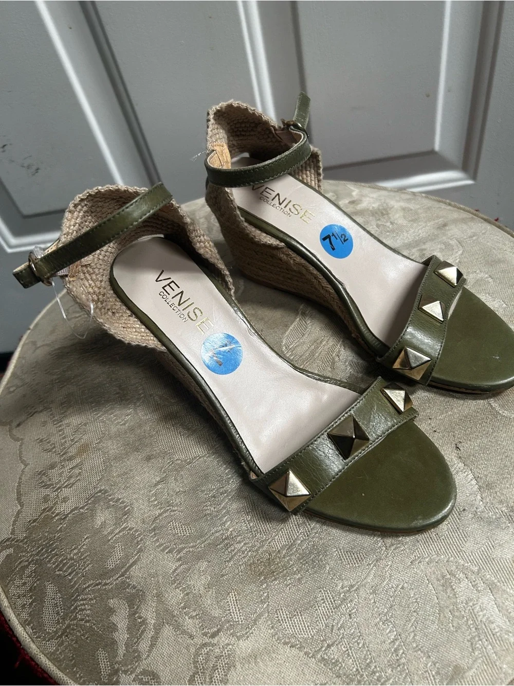 Venise Collection Olive Green Espadrille Wedge Sandals with Ankle Strap Sz 38